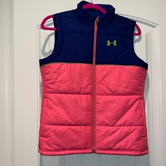 𝅺UNDER armour color block hot pink and blue full zip puffer vest Girl size large - Picture 1 of 7